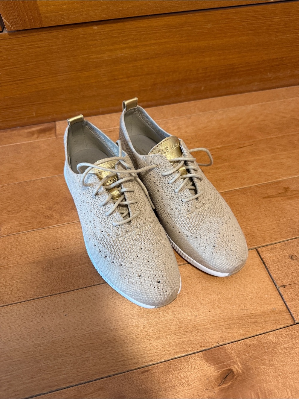 Cole Haan Women's Knit Lace-Up Flats in Light Beige with Gold Accent